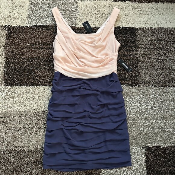 EXPRESS (Size 10) Light Pink Dark Blue Crepe Chiffon Ruched Dress Sleeveless - Picture 1 of 11